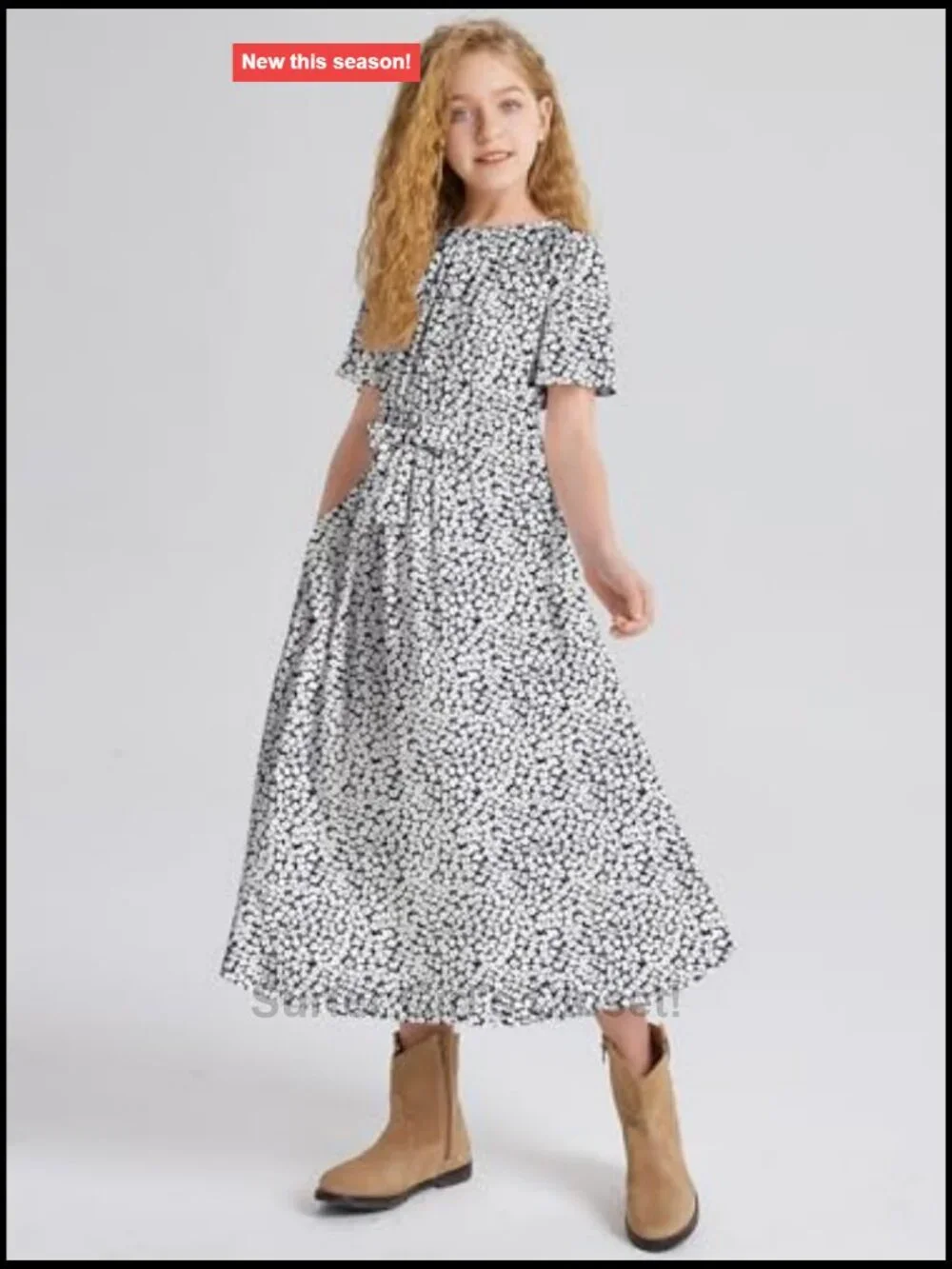 Girls Butterfly Sleeve Elastic Crew Neck Floral Print High Waist Midi Belted